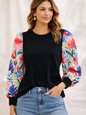Boutique Black Top Floral Puff Sleeve Blouse Boho
Cottagecore Size S
